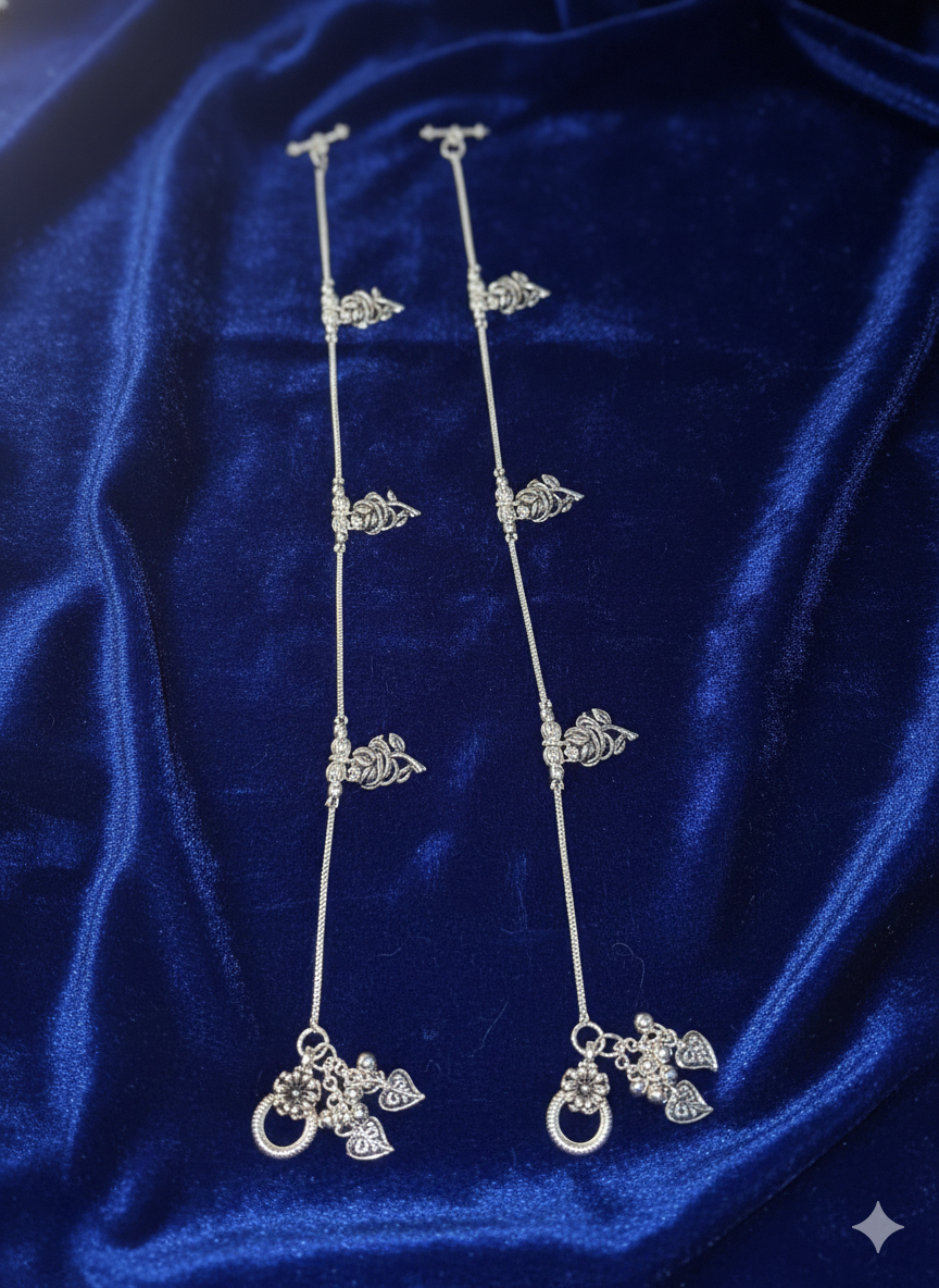 Vibrant Veils Silver Replica Oxidised Floral art Anklets (Pair)