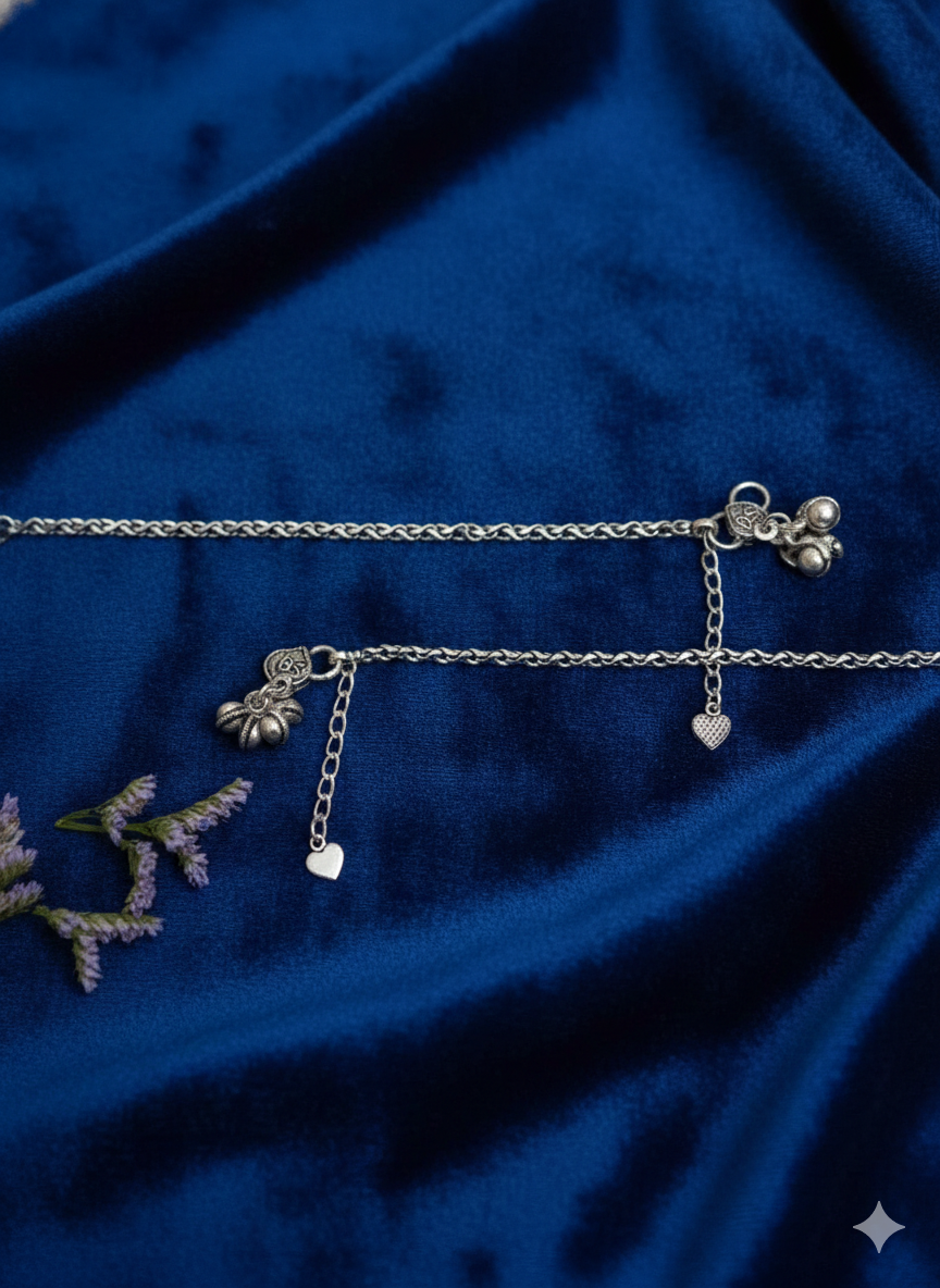 Vibrant Veils Silver Replica Oxidised Old Design Anklets (Pair)