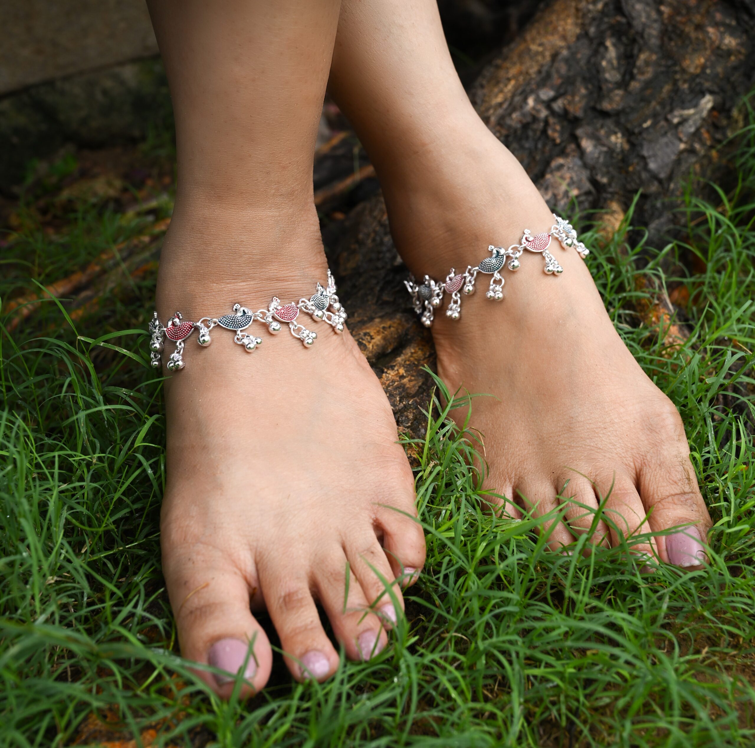 Vibrant Veils Nature's Muse Peacock Charm Anklet (Pair) - Image 2