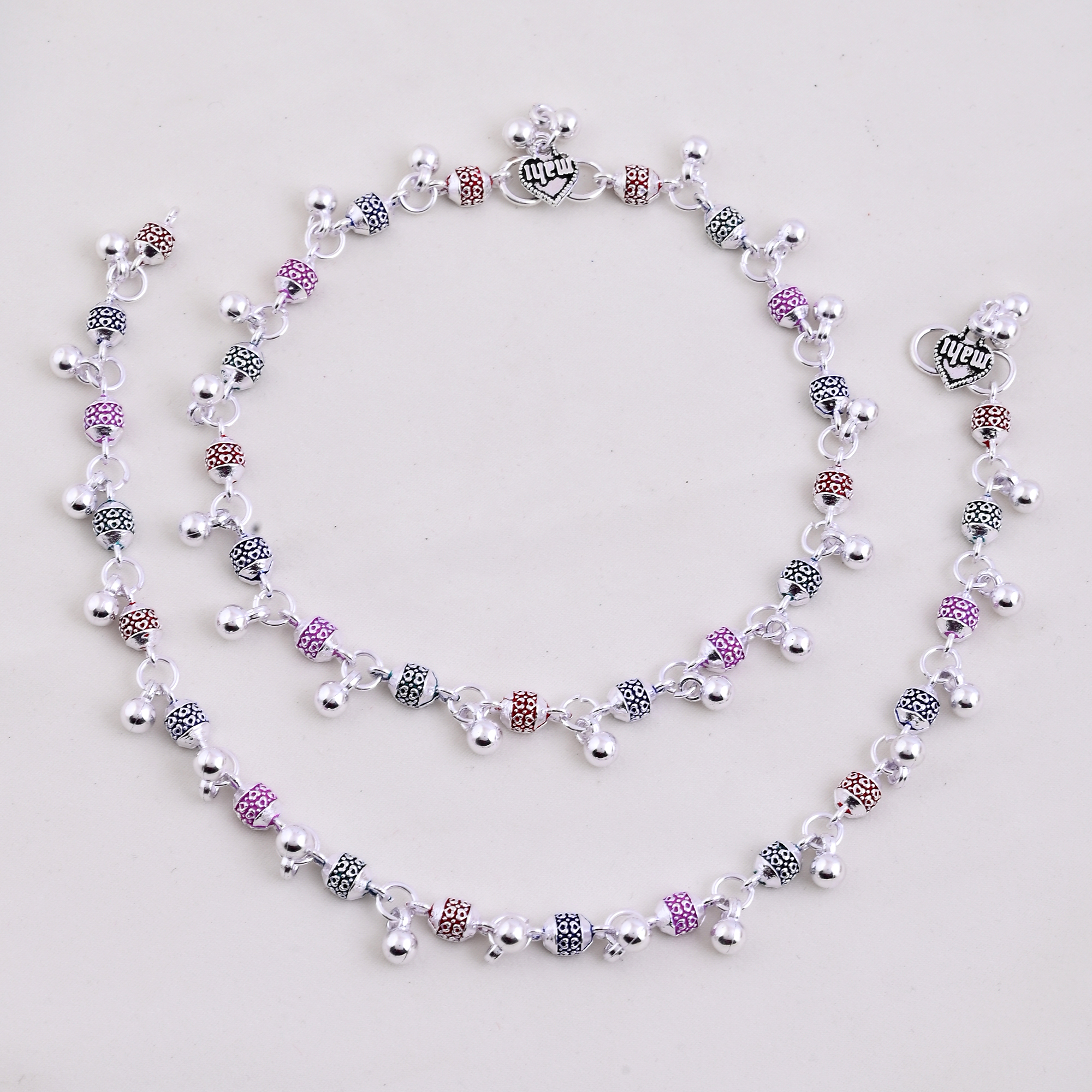 Vibrant Veils Silver Replica Colored Beed Payal/Anklet (Pair) - Image 3