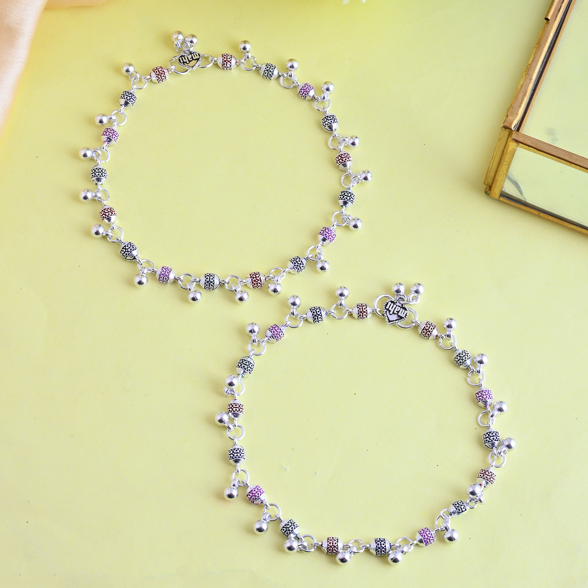 Vibrant Veils Silver Replica Colored Beed Payal/Anklet (Pair) - Image 5