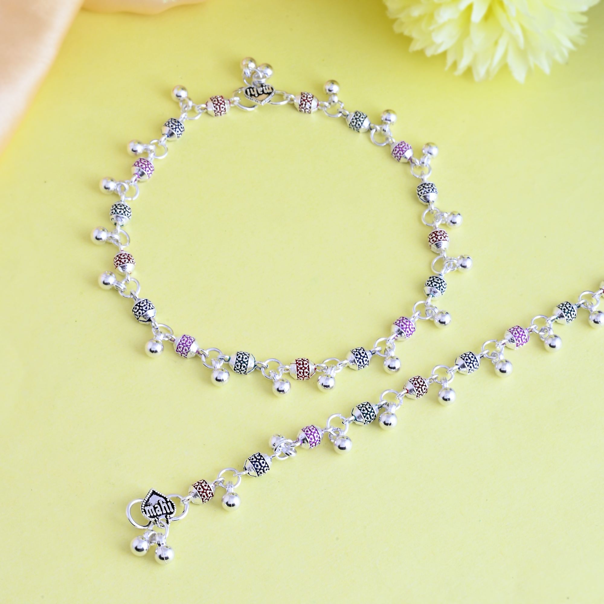 Vibrant Veils Silver Replica Colored Beed Payal/Anklet (Pair) - Image 6