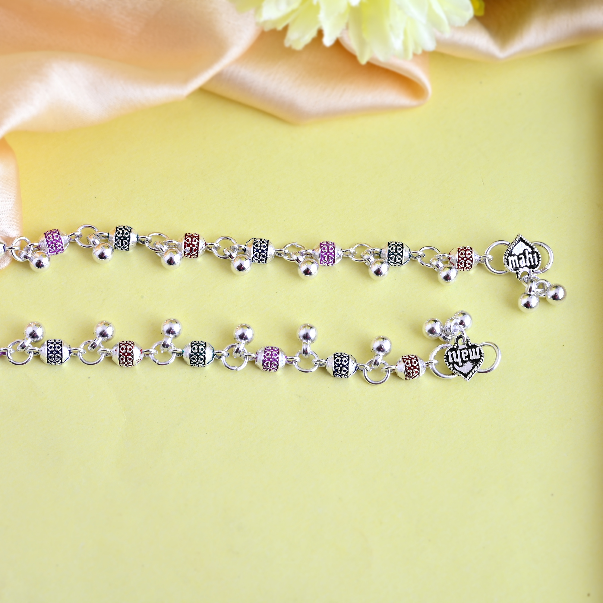 Vibrant Veils Silver Replica Colored Beed Payal/Anklet (Pair) - Image 7