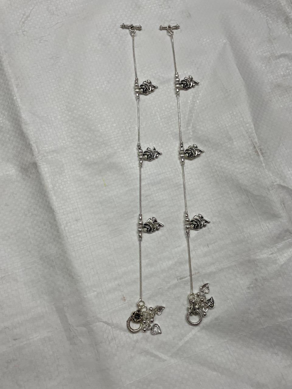 Vibrant Veils Silver Replica Oxidised Floral art Anklets (Pair) - Image 4